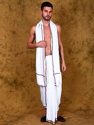 Jute Fiber Dhoti with Angavastram Set and Thread Woven Border from Varanasi