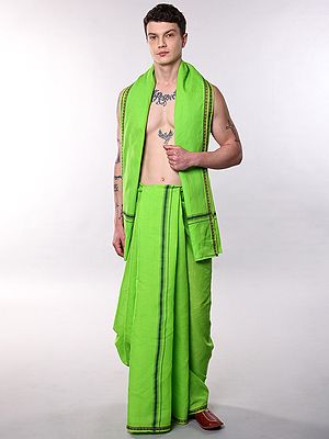 Jute Fiber Dhoti with Angavastram Set and Thread Woven Border from Varanasi