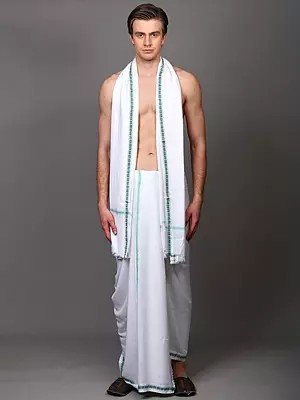 Jute Fiber Dhoti with Angavastram Set and Thread Woven Border from Varanasi