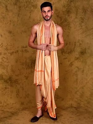 Jute Fiber Dhoti and Angavastram Set with Woven Border from Varanasi