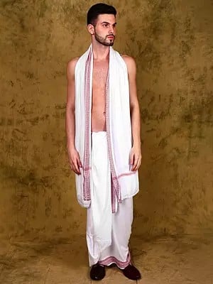 Jute Fiber Dhoti and Angavastram Set with Woven Border from Varanasi