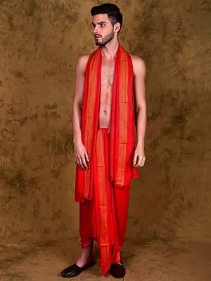 Jute Fiber Dhoti and Angavastram Set with Woven Border from Varanasi