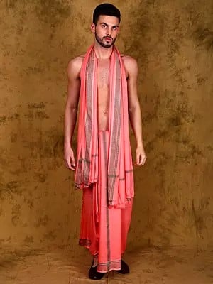 Jute Fiber Dhoti and Angavastram Set with Woven Border from Varanasi