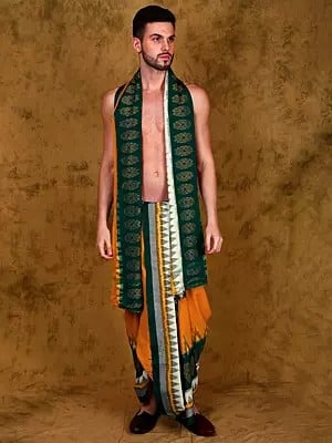 Cadmium-Yellow Pure Cotton Dhoti and Angavastram Set with Ikat Woven Green Temple Border from Sambalpur