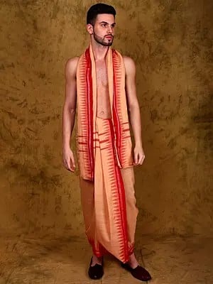 Almond-Cream Pure Cotton Dhoti and Angavastram Set with Temple Border