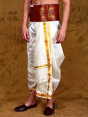 Red-Plum Zari Woven Adjustable Dhoti Belt with Zip Pouch/Pocket