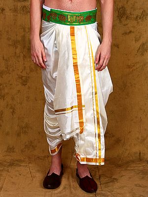 Dhoti Belt with Zip Pouch/Pocket and Golden Thread Woven Vaishnava Symbols