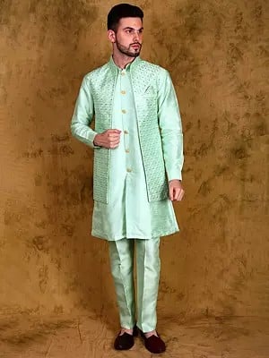 Brook-Green Three Piece Kurta Pajama Set with Sequins Embroidered Front Open Jacket