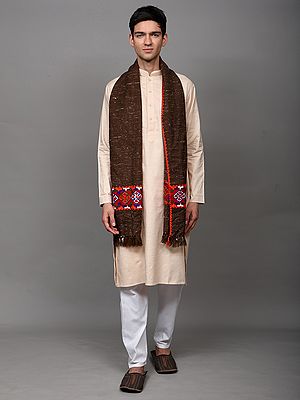 Scarf with Kinnauri Embroidered Border in Multicolor (Unisex) from Kullu