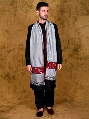 Scarf with Kinnauri Embroidered Border in Multicolor (Unisex) from Kullu