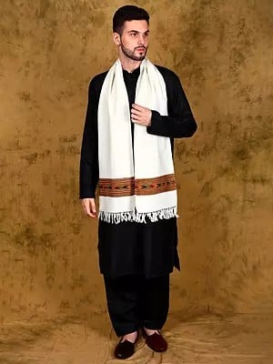 Wool Scarf with Kinnauri Woven Wide Border from Kullu (Unisex)