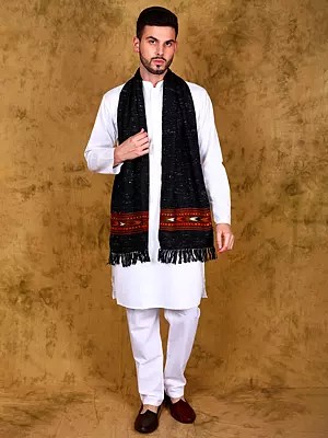 Wool Scarf with Kinnauri Woven Wide Border from Kullu (Unisex)
