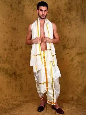 Cannoli Cream Dhoti and Angavastram Set with Zari Woven Golden Border from Kumbakonam