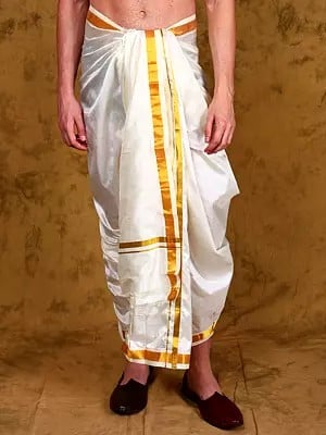 Pure Silk Zari Woven Golden Border Dhoti from Kumbakonam