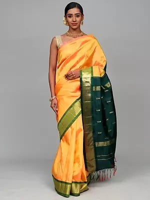 Pure Silk Zari Woven Bootis Saree from Kumbakonam with Green Contrast Pallu