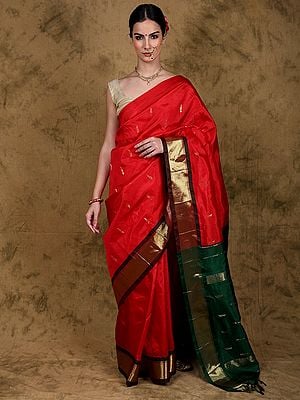 Flame-Scarlet Zari Woven Pure Silk Saree from Kumbakonam with Green Contrast Pallu