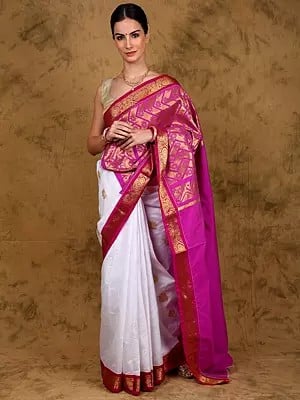 Lucent-White Bootis Motifs Temple Saree with Zari Woven Chevron Contrast Pink Pallu and Paisley Border from Kumbakonam