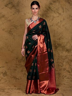 Rain-Forest Pure Silk Kanjivaram Saree from Bangalore with Woven Horse Motifs in Copper Colored Thread