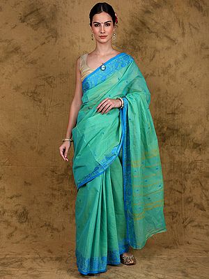 Pistachio-Green Chettinad Cotton Saree with Woven Bootis and Peacock Floral Border