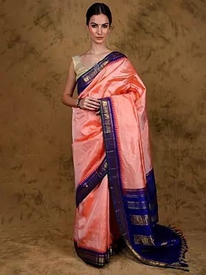 Papaya-Punch Pure Silk Saree with Double Side Temple Border and Zari Woven Peacock Contrast Pallu from Kumbakonam