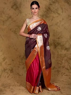 Dual-Shaded Silk Saree with Zari Peacock Chakra Motifs and Contrast Golden Border-Pallu from Kumbakonam