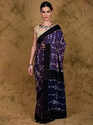 Deep-Cobalt Pure Cotton Ikat Handloom Saree from Pochampally with Contrast Plain Border