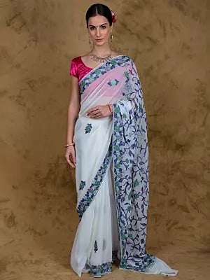 Snow-White Georgette Saree from Kashmir with Aari Embroidered Floral Border and Aanchal