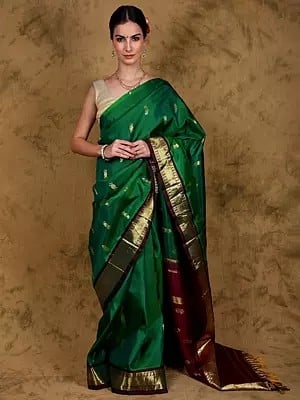 Verdant-Green Zari Woven Bootis Pure Silk Saree with and Contrast Pallu from Kumbakonam