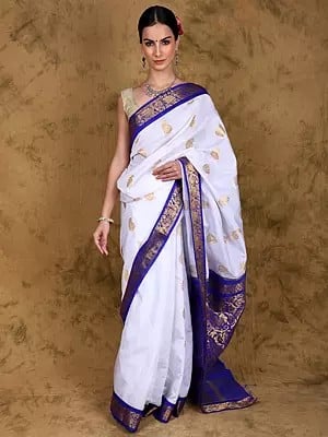 Star-White Silk Temple Saree from Kumbakonam with Zari Woven Paisleys and Contrast Floral Border & Pallu