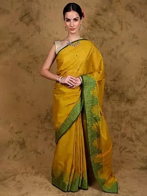 Ceylon-Yellow Chettinad Cotton Saree with Woven Temple Border