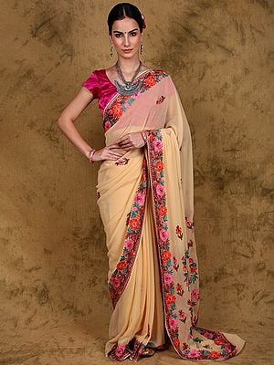 Autumn-Blonde Georgette Saree from Kashmir with Floral Aari Embroidery on Aanchal and Border