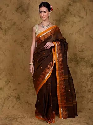 Chettinad Cotton Saree with Floral Temple Woven Border and Striped Pallu