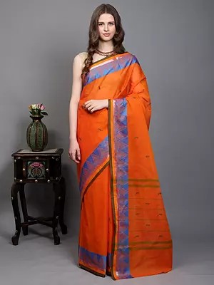 Chettinad Cotton Saree with Floral Temple Woven Border and Striped Pallu