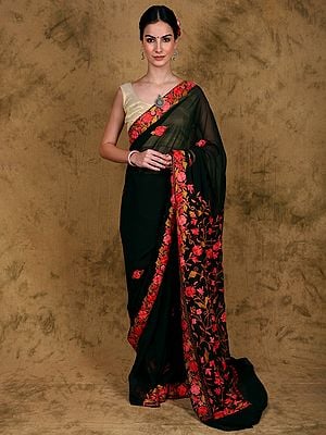 Deep-Forest Georgette Saree from Kashmir with Multicolor Aari Embroidered Floral Jaal on Pallu and Border