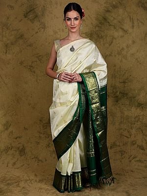 Pear-Sorbet Pure Silk Saree from Kumbakonam with Bootis Woven and Zari Work Contrast Floral Pallu & Border