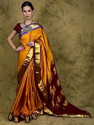 Golden-Orange Gajam Temple Border Pure Silk Saree from Kumbakonam with Golden Thread Work and Dual Colored Border