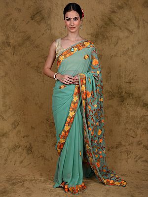 Grayed-Jade Georgette Saree with Aari-Embroidered Floral Motifs from Kashmir