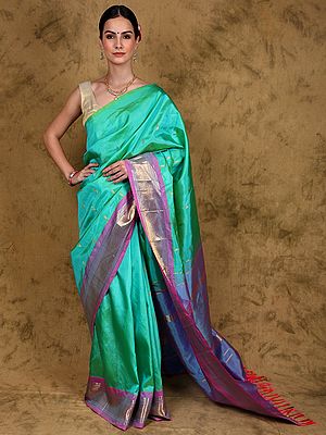 Mint-Leaf Pure Silk Saree with Zari Woven Bootis and Border from Kumbakonam