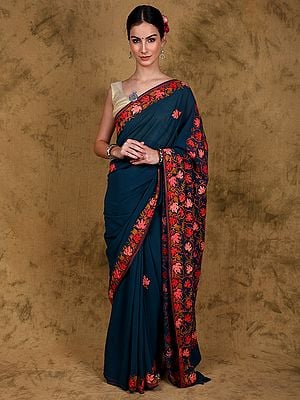 Moroccan-Blue Kashmiri Georgette Saree with Aari Embroidered Maple Leaf Vines