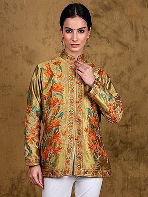 Rich-Gold Art Silk Short Jacket from Kashmir with Floral Aari Embroidery