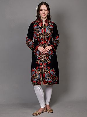 Wool Long Jacket from Kashmir with Multicolor Aari Embroidered Floral Motifs