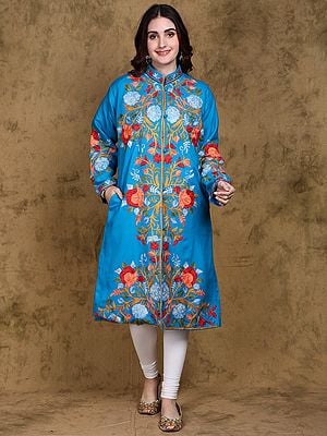 Wool Long Jacket from Kashmir with Multicolor Aari Embroidered Floral Motifs