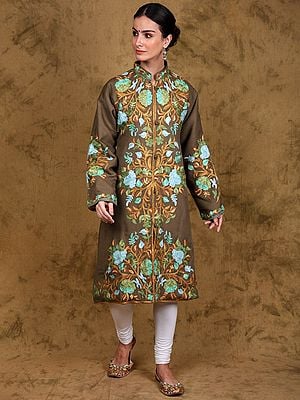 Wool Long Jacket from Kahsmir with Multicolor Aari Embroidered Floral Motifs