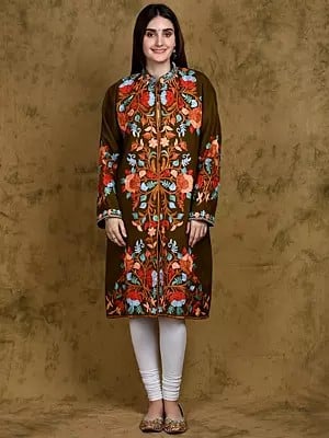 Wool Long Jacket from Kashmir with Multicolor Aari Embroidered Floral Motifs