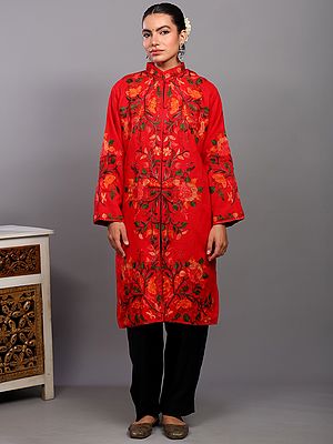Wool Long Jacket from Kashmir with Multicolor Aari Embroidered Floral Motifs
