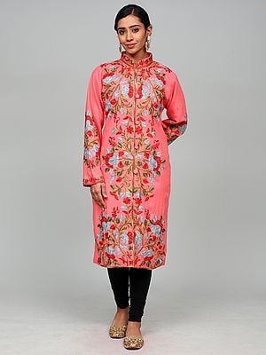 Wool Long Jacket from Kashmir with Multicolor Aari Embroidered Floral Motifs