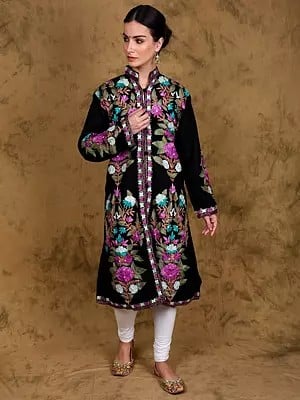 Forest-River Cotton Long Jacket from Kashmir with Floral Pattern Aari Embroidery