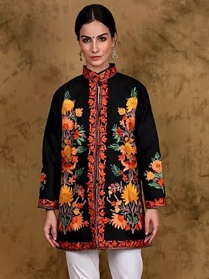 Moonless-Night Aari Embroidered Short Jacket with Multicolro Floral Motifs from Kashmir