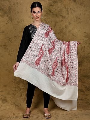 Solitary-Star Pure Wool Kashmiri Shawl with Aari Hand-Embroidered Bold Paisleys