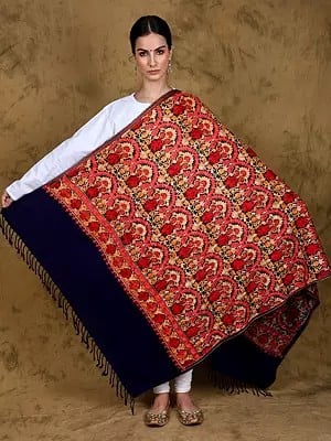 Shawl from Kashmir with Multicolor Aari Embroidered Floral Pattern